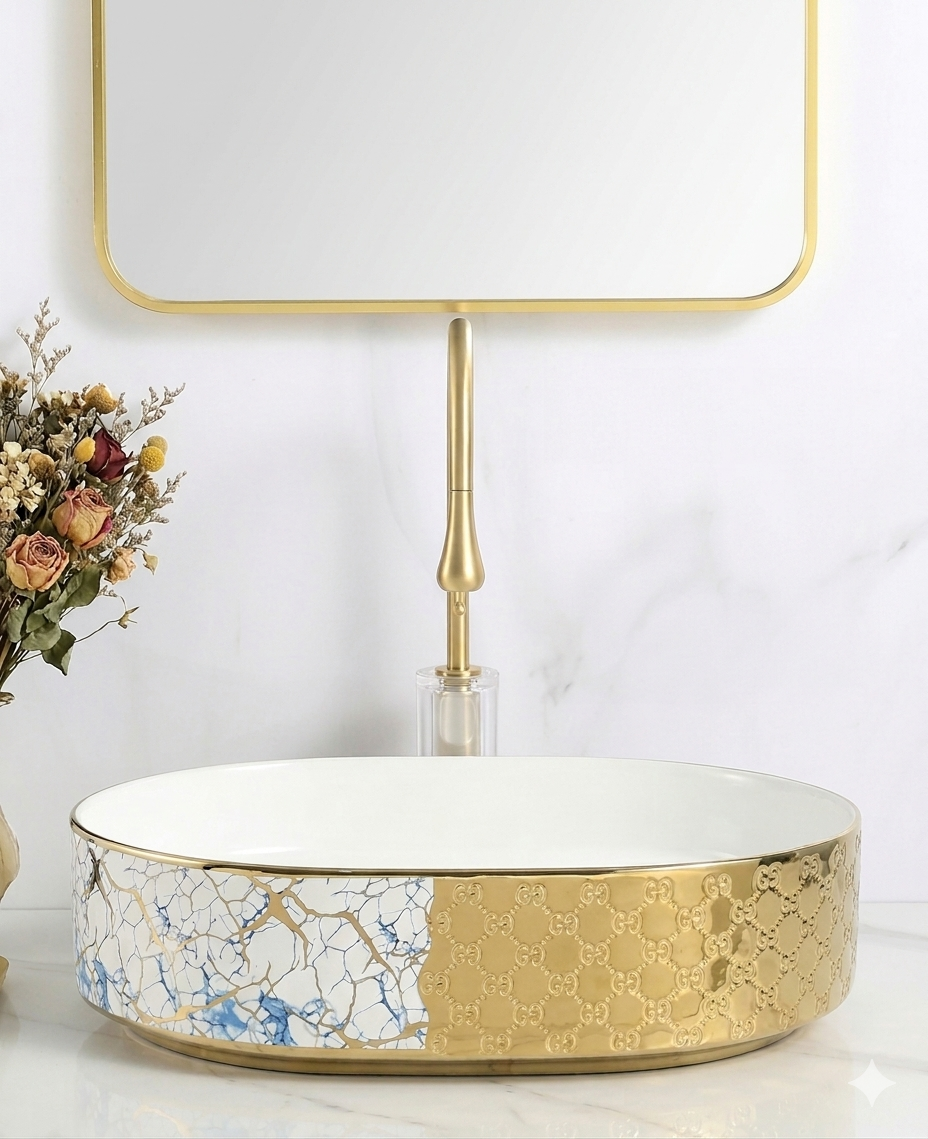 WHITE & GOLD DESIGNED ART BASIN